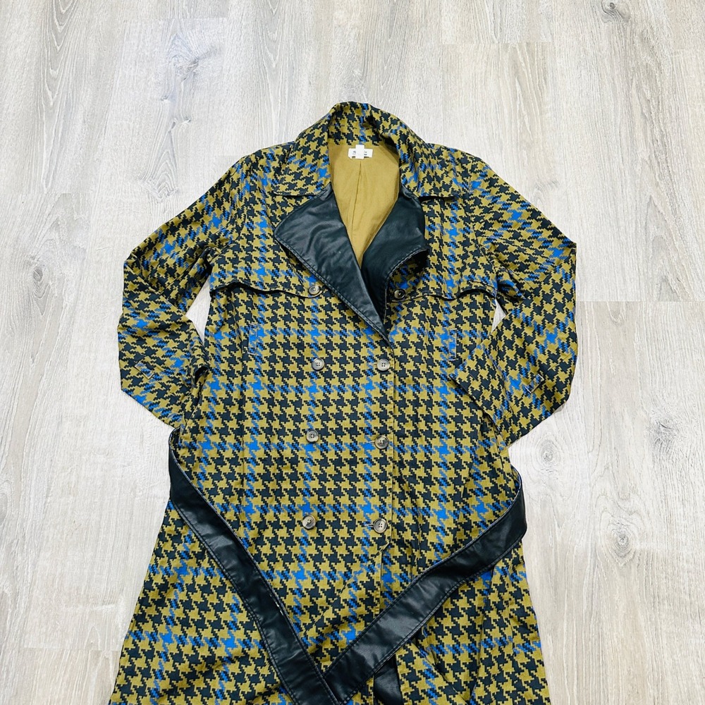 The Drop signedblake Houndstooth Trench Coat Olive Blue Faux Leather Trim M - Picture 4 of 16